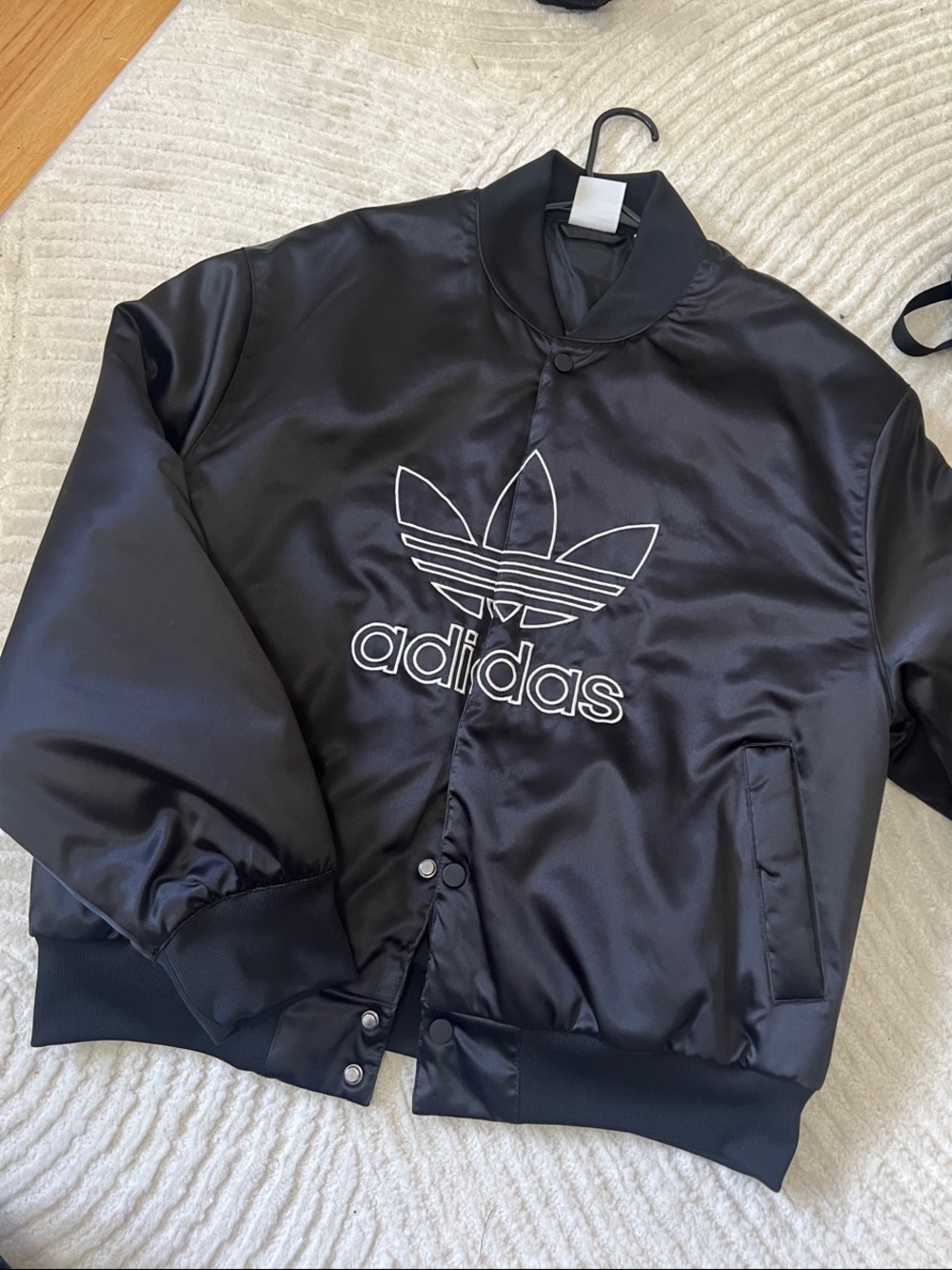 adidas Black Satin Bomber Jacket with White Trefoil Outline